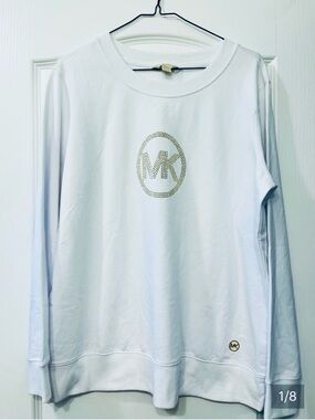 Michael Kors Size Large White Sweatshirt with Gold MK Emblems